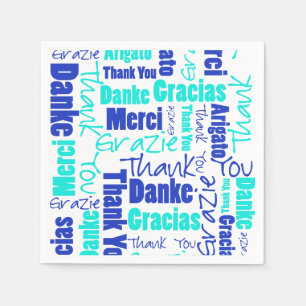 Serviette Jetable Merci multilingue de bleu et de turquoise