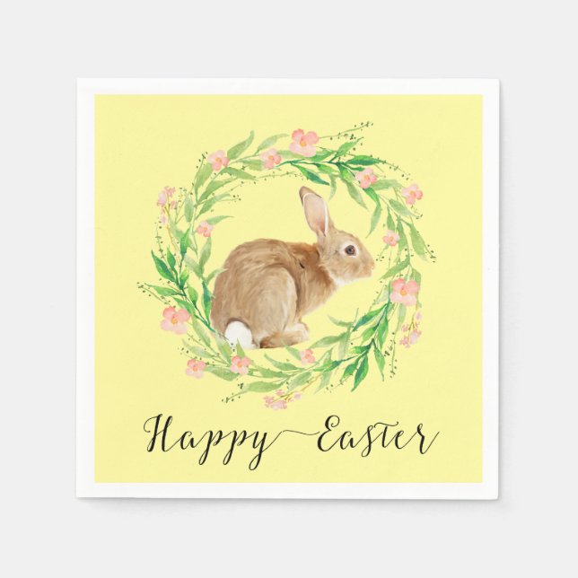 Serviette Jetable Mignonne lapin de Pâques avec couronne de fleurs (Devant)
