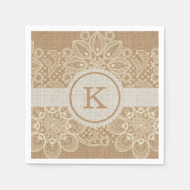 Serviette Jetable Monogramme Burlap & Lace (Devant)