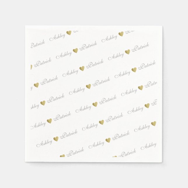 Serviette Jetable Monogrammé + coeur d'amour or, mariage (Devant)