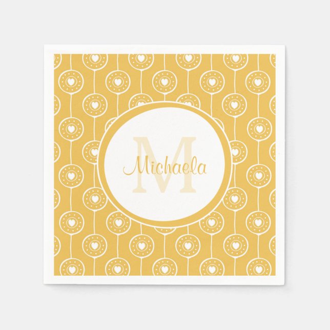 Serviette Jetable Monogramme de Coeurs Jaunes et Blancs élégant avec (Devant)