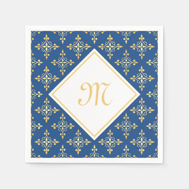 Serviette Jetable Monogramme de luxe Blue et Gold Quatre Floral (Devant)