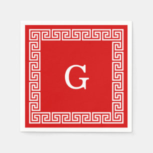 Serviette Jetable Monogramme encadré clé grecque rouge et blanc #1
