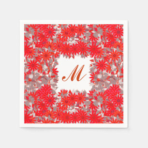 Serviette Jetable Monogramme encadré de fleurs - rouge et gris