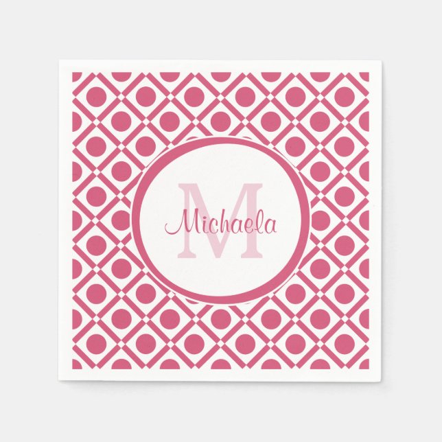 Serviette Jetable Monogramme géométrique moderne rose et blanc avec  (Devant)
