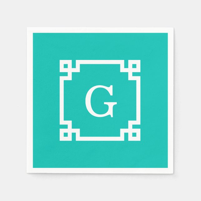 Serviette Jetable Monogramme initial principal grec blanc turquoise (Devant)