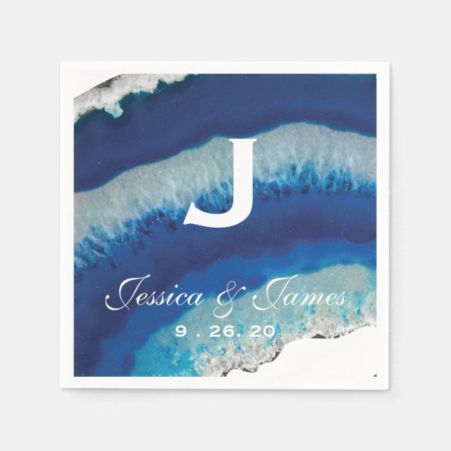 Serviette Jetable Monogramme Mariage bleu de la marine | Agate (Devant)