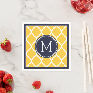 Serviette Jetable Monogramme Mariage de Quatrefoil bleu et jaune de