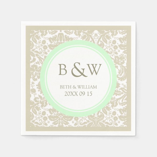 Serviette Jetable Monogramme personnalisé Mariage Napkin beige Mint  (Devant)