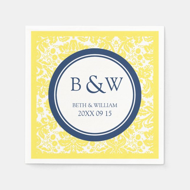 Serviette Jetable Monogramme personnalisé Mariage Napkin Jaune Bleu  (Devant)