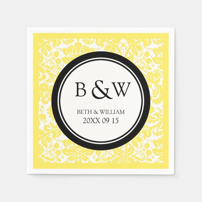 Serviette Jetable Monogramme personnalisé Mariage Napkin noir jaune  (Devant)