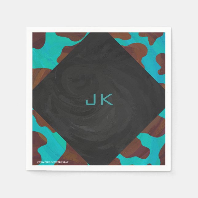 Serviette Jetable Monogramme Vache Impression Brown et Turquoise (Devant)