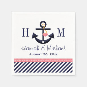 Serviette Jetable Monogrammed Pink et Ancre marine Mariage nautique