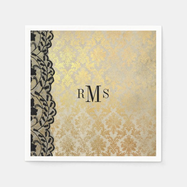 Serviette Jetable Monogrammes en dentelle dorée dorée (Devant)