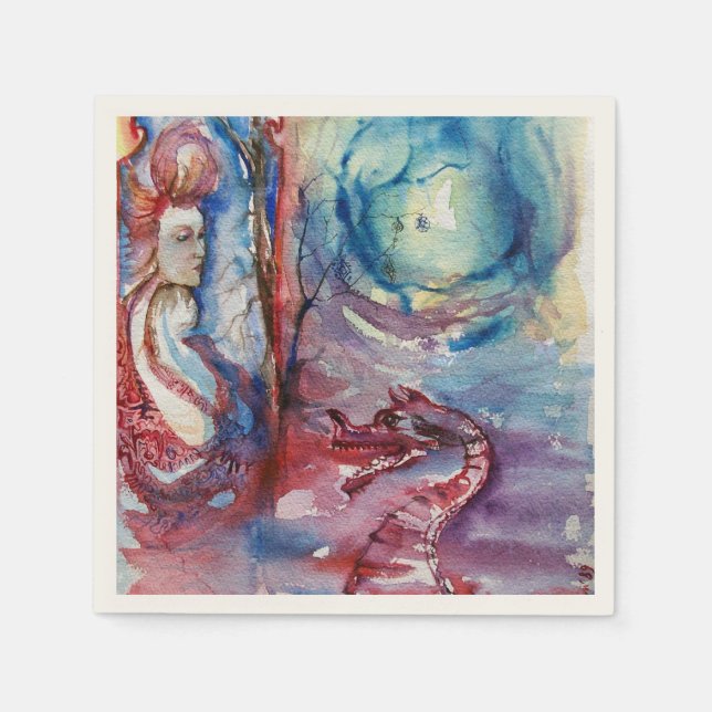 Serviette Jetable MORGANA / Magie et mystère, Imaginaire bleu rose (Devant)