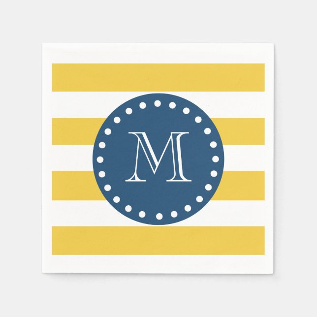 Serviette Jetable Motif blanc jaune, Monogramme bleu marine (Devant)