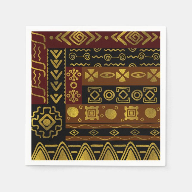 Serviette Jetable Motif d'or d'Afrique sur noir et brun (Devant)