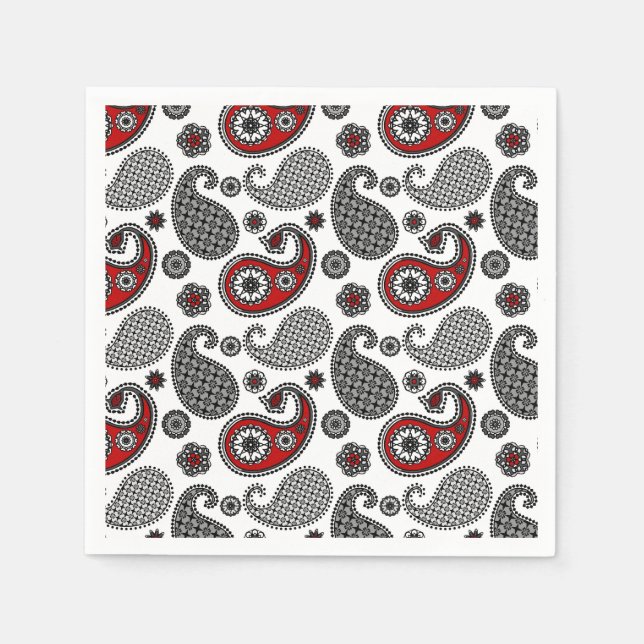Serviette Jetable Motif Paisley, noir, blanc et rouge (Devant)