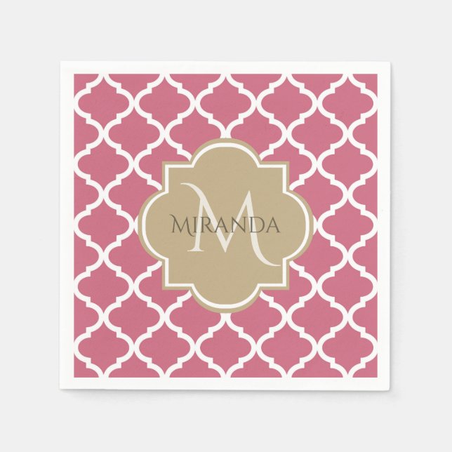 Serviette Jetable Motif Quatrefoil Rose rose Avec Gros Monogramme Ta (Devant)