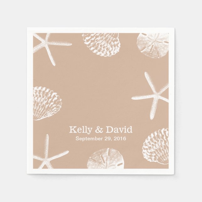 Serviette Jetable Neutre Beige Beach Thème Coquillages Mariage (Devant)