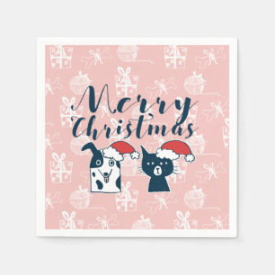Serviette Jetable Noël mignon d'illustration de chien et de chat de