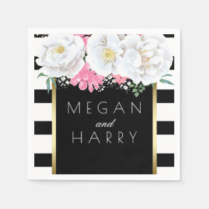Serviette Jetable Noir Blanc Or Floral Vintage Mariage