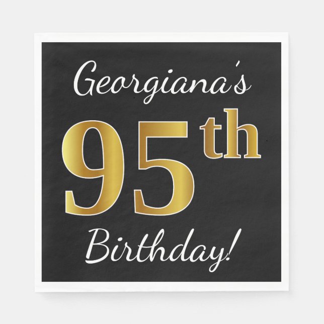 Serviette Jetable Noir, Faux Gold 95e anniversaire + Nom personnalis (Devant)