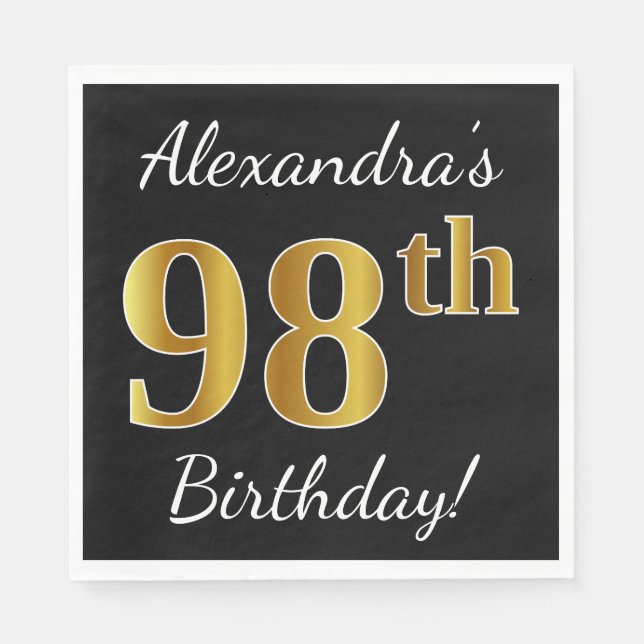Serviette Jetable Noir, Faux Gold 98e anniversaire + Nom personnalis (Devant)
