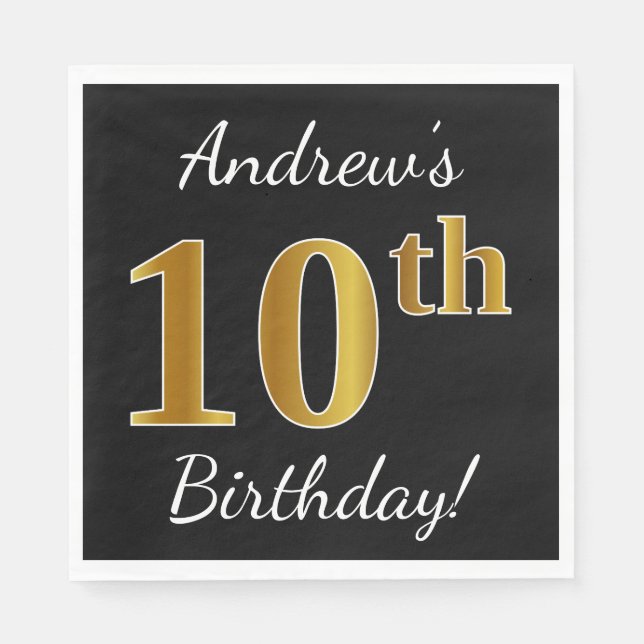 Serviette Jetable Noir, Faux Or 10e anniversaire + Nom personnalisé (Devant)