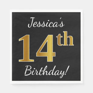 Serviette Jetable Noir, Faux Or 14e anniversaire + Nom personnalisé