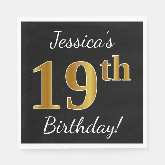 Serviette Jetable Noir, Faux Or 19e anniversaire + Nom personnalisé (Devant)