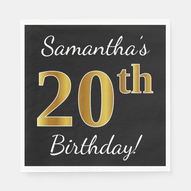 Serviette Jetable Noir, Faux Or 20e anniversaire + Nom personnalisé (Devant)