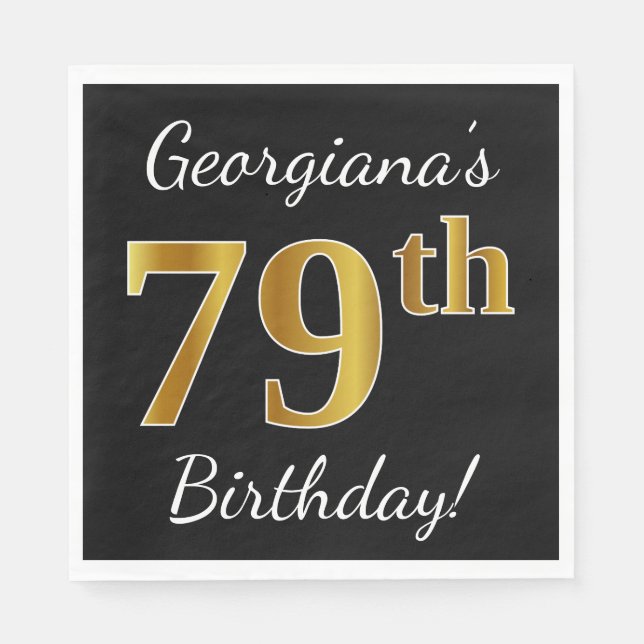 Serviette Jetable Noir, Faux Or 79e anniversaire + Nom personnalisé (Devant)