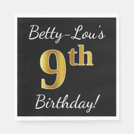Serviette Jetable Noir, Faux Or 9e anniversaire + Nom personnalisé