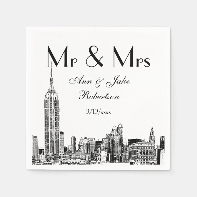 Serviette Jetable NYC Skyline 01 Etchd do-it-yourself BG Mariage cou (Devant)