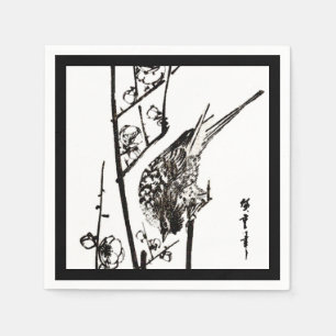 Serviette Jetable Oiseau japonais sur une branche - Noir et Blanc