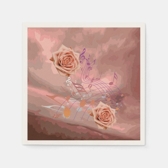 Serviette Jetable Orange & Apricot Roses & Musique Ecru CocktailNapk (Devant)