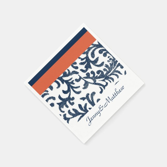 Serviette Jetable Orange et Navy Blue Floral Damask (Coin)