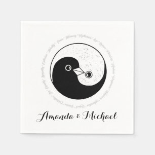 Serviette Jetable PAPIER mariage NAPKIN. b/w YinYang colombes.