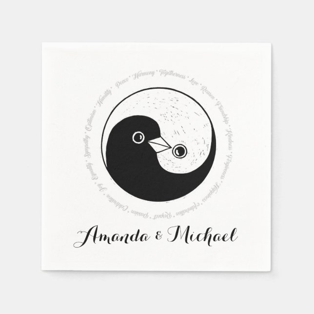 Serviette Jetable PAPIER mariage NAPKIN. b/w YinYang colombes. (Devant)