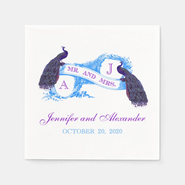 Serviette Jetable Papier Mariage Peacock Turquoise violet (Devant)