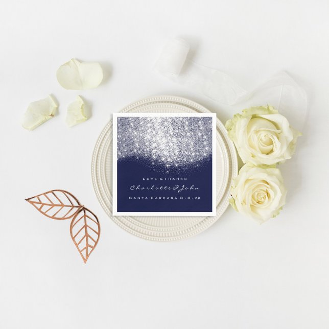 Serviette Jetable Parties scintillant Argent Blanc Bleu Marine Merci (Glitter Silver WhiteBlue Navy White Thank You Name Paper Napkins)