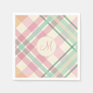 Serviette Jetable pastels à la menthe de printemps plaid avec monogr