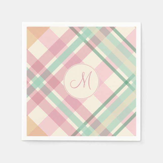 Serviette Jetable pastels à la menthe de printemps plaid avec monogr (Devant)