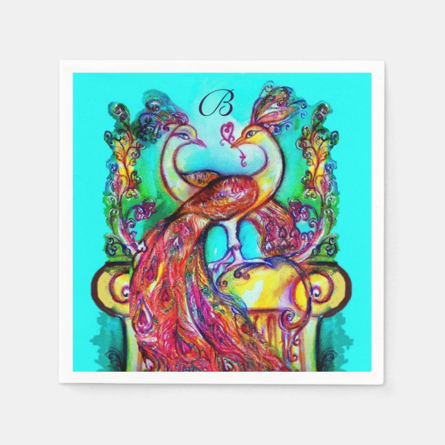 Serviette Jetable PEACOCKS EN AMOUR Rouge Aqua Bleu Mariage Monogram (Devant)