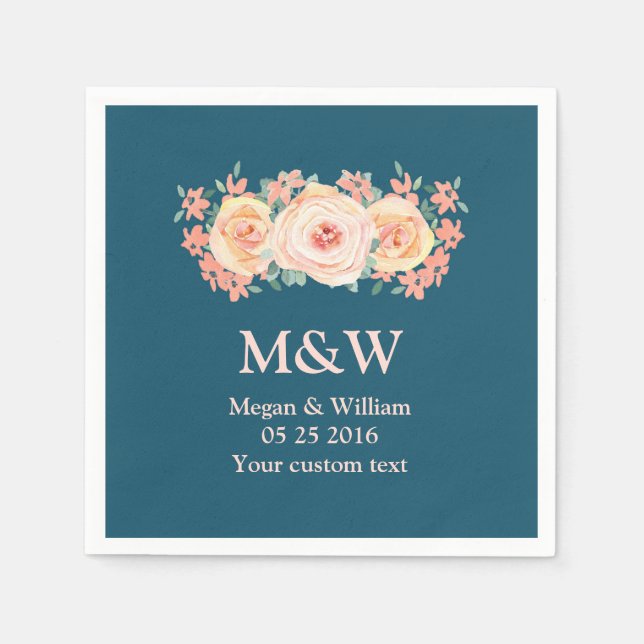 Serviette Jetable Pêche aquarelle Floral Marine bleu Mariage Napkin (Devant)