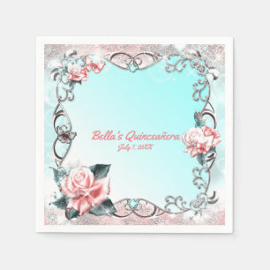 Serviette Jetable Pêcher Roses et papillons Quinceañera Party