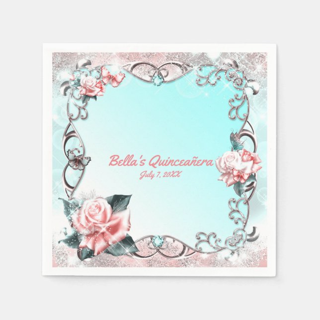 Serviette Jetable Pêcher Roses et papillons Quinceañera Party (Devant)