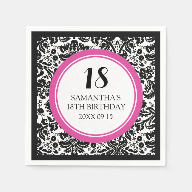 Serviette Jetable Personnalisé 18e anniversaire Napkin rose noir Dam (Devant)