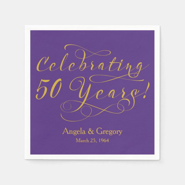 Serviette Jetable Personnalisé 50e anniversaire Mariage or violet (Devant)
